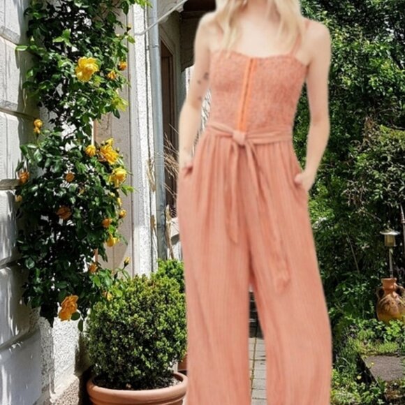 AEROPOSTALE SLEEVELESS PINSTRIPE JUMPSUIT ORANGE/BLUE SIZE LARGE - Picture 1 of 10